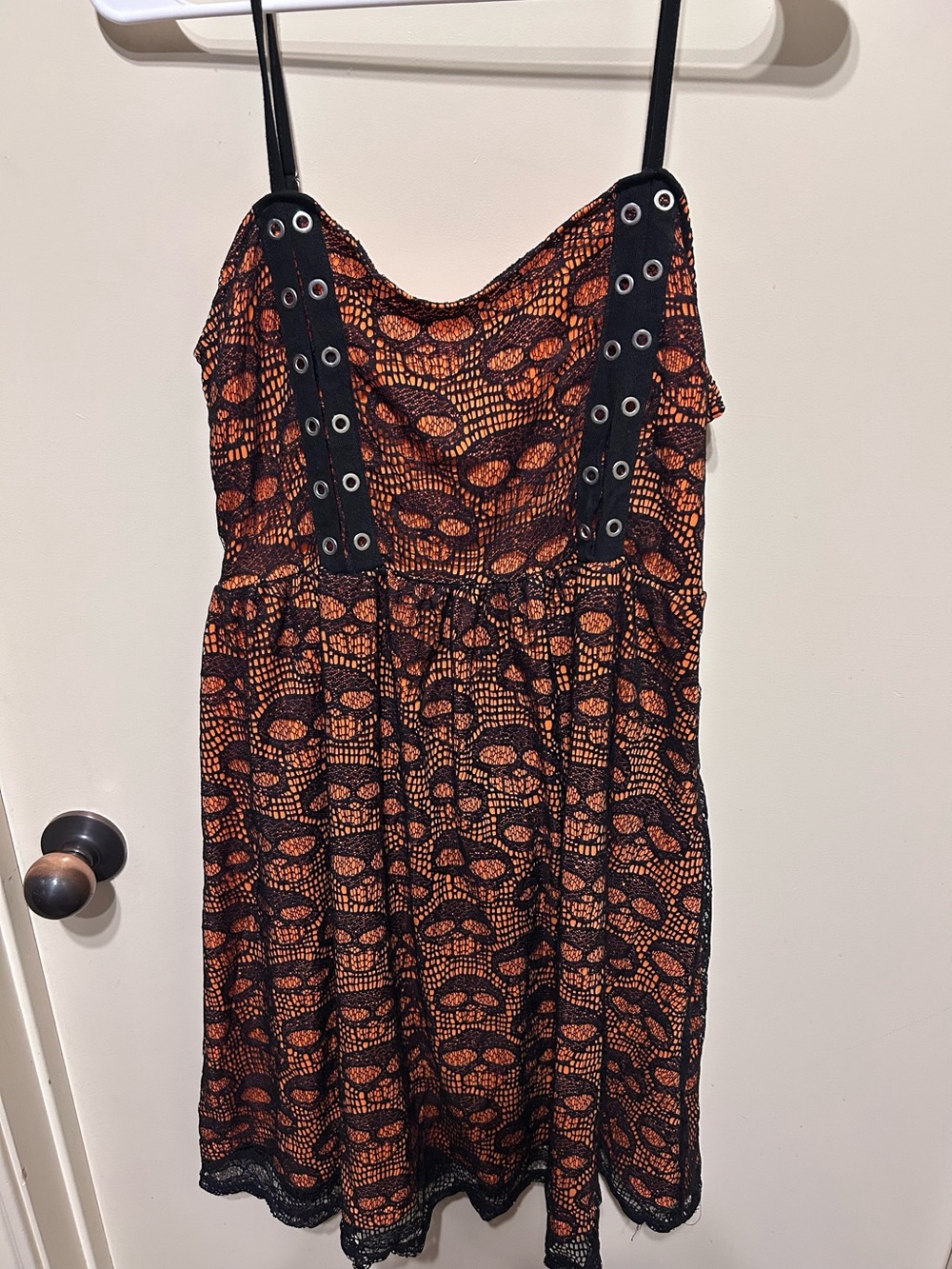 Halloween Pumpkin Orange & Black Lace Skull Skater Corset Mini Dress Sz M